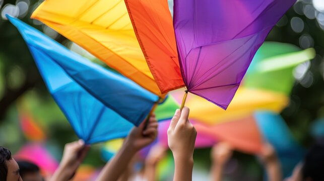 Colorful umbrellas held high outdoors during vibrant day