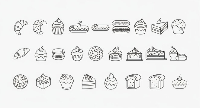 Collection of Hand Drawn Bakery Pastry Icons and Symbols.