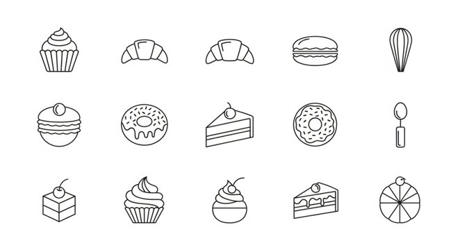 Collection of hand drawn pastry and dessert icons in a simple line art style.
