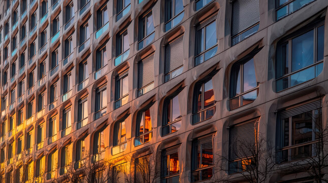 Modern facade with curved windows and warm sunset reflections