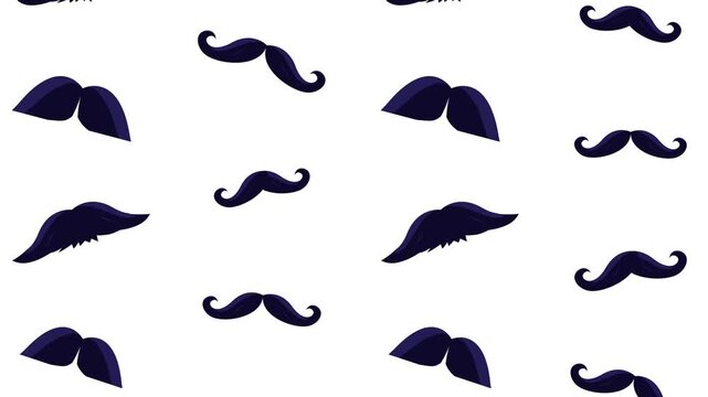 A dynamic animation of various mustache styles moving and rotating against a clean white background, creating a whimsical and fun pattern.