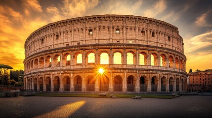Naklejka premium Iconic ancient Roman amphitheater at sunset with glowing sun