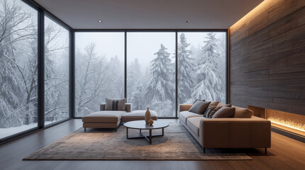 Obraz premium Minimal living room with floor to ceiling window overlooking snowy forest, cozy warm lighting