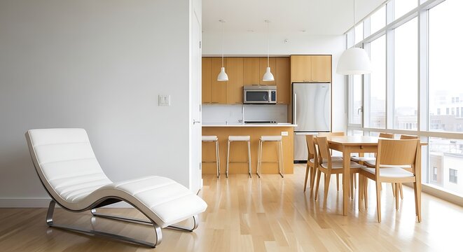 Modern open concept apartment interior with kitchen and dining area