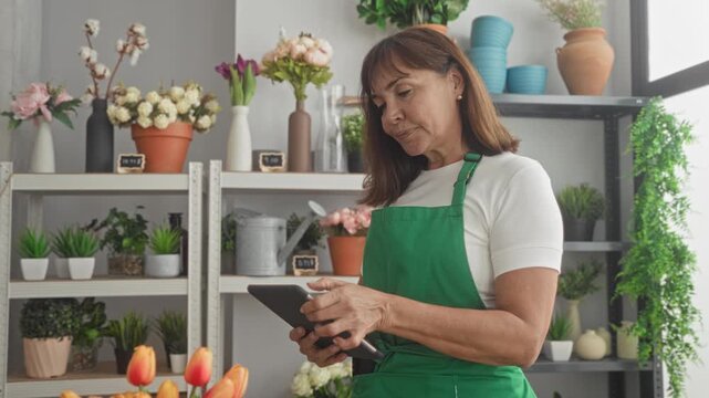 Woman florist holding tablet and smiling in building near shelves of potted flowers and ceramic vases; contentment small business.
