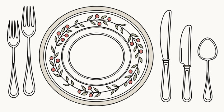 table setting with plate cutlery and floral design