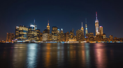 Obraz premium Night skyline with illuminated skyscraper reflection and calm river at night