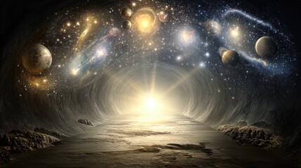 Fototapeta premium Surreal starry tunnel with solar system at one end and distant constellations at the other, glowing with cosmic energy.