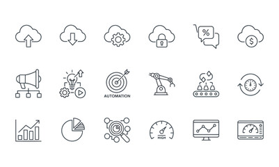 Fototapeta premium Professional set of linear icons for cloud computing and business automation showcasing digital transformation data management and analytical tools on a simple clean white background for development