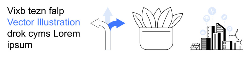 Fototapeta premium Sustainability, urban planning, decision making, eco-friendly living, renewable energy, green technology. Arrows showing choice, plant and cityscape with renewable icons. Sustainability and urban