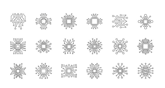 Circuit board designs and microchip illustrations for electronic and technology concepts