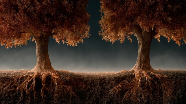 Mysterious twin trees with visible roots symbolizing growth and connection to earth