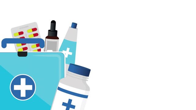 First aid kit animation featuring medical supplies and pharmacy items on white background.