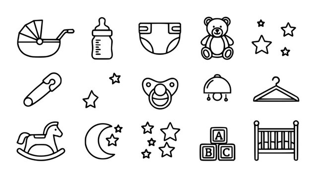 Bold baby care icon set with stroller toys diaper feeding and nursery moon stars vector illustration