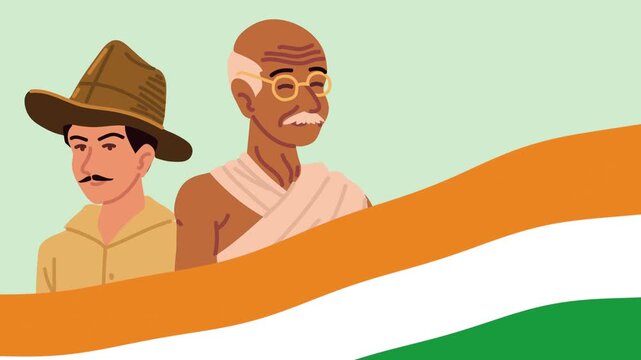 Animated Indian flag with portraits of national heroes Bhagat Singh and Mahatma Gandhi.