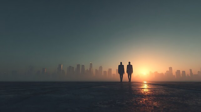 Two businessmen walking towards a city skyline at sunset. silhouetted against bright orange and ye