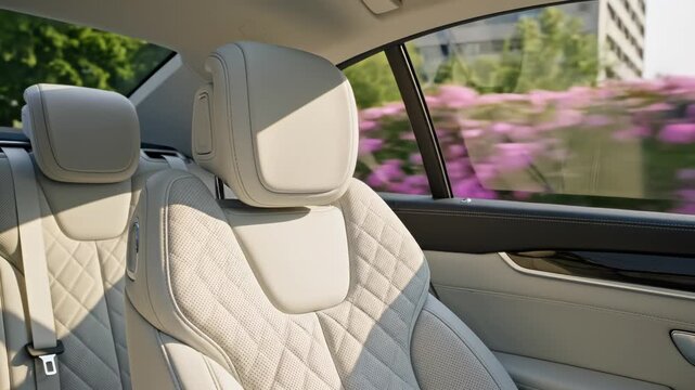 Luxury car rear seats interior emphasizing environmental sustainability and eco-tourism