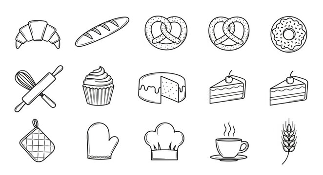 Collection of Hand Drawn Bakery and Pastry Icons.
