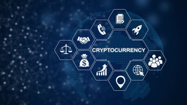 Cryptocurrency blockchain network digital currency trading concept animation bitcoin ethereum