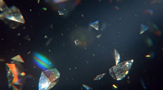 暗い背景に浮かぶプリズムの破片と虹色の反射、幻想的で高級感のある抽象素材