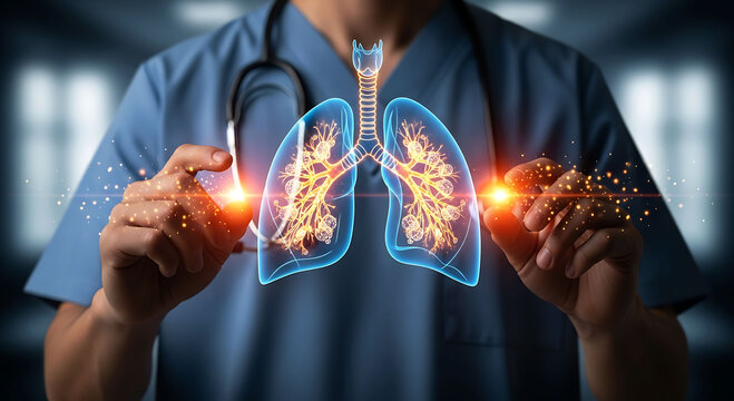 Doctor holding glowing digital human lungs lung health and respiratory technology