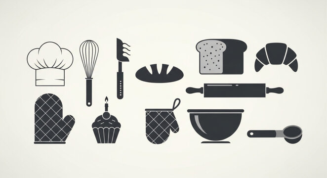 Baking Utensils and Pastries Icons Collection.