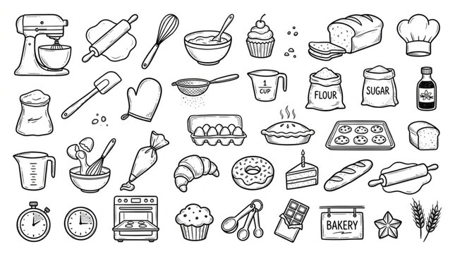 Baking Supplies and Pastries Hand Drawn Sketch Collection.