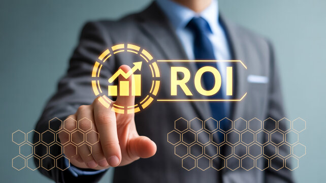 Businessman in suit interacting with virtual roi graph and hexagon interface