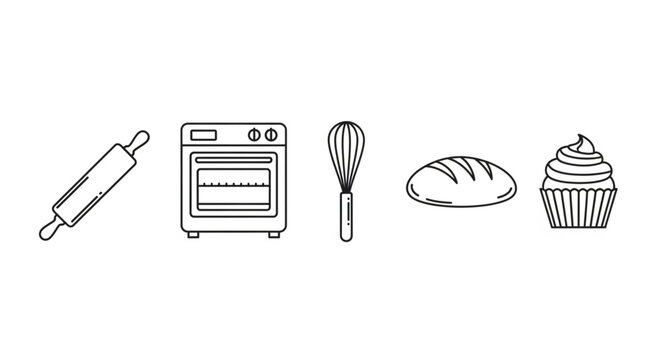 Baking icons including oven rolling pin whisk bread and cupcake.