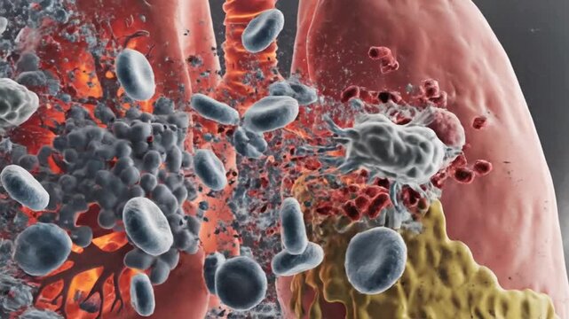 Ultra detailed cinematic 3D medical animation pneumonia infection inside human lungs inflamed alveoli filled with fluid and mucus bacteria and viruses invading tissue white blood cells attacking patho