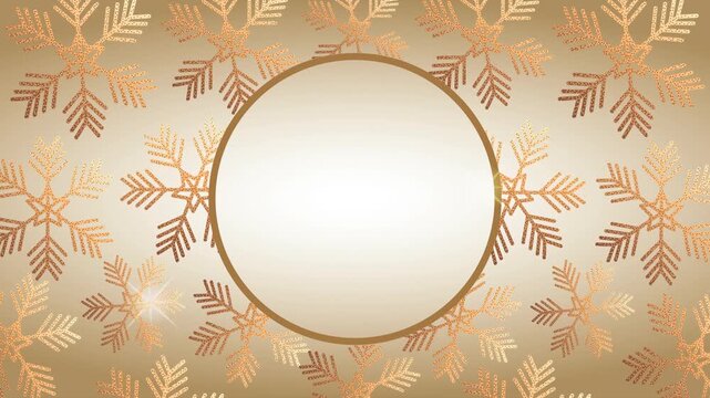 Elegant golden christmas background with shimmering snowflakes and central circular frame for holiday greeting or logo.