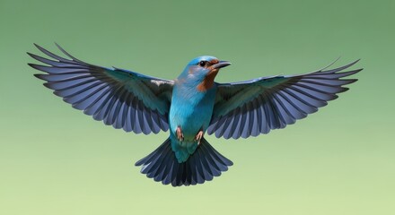 Fototapeta premium Blue bird with black wings and tail flying against a green background