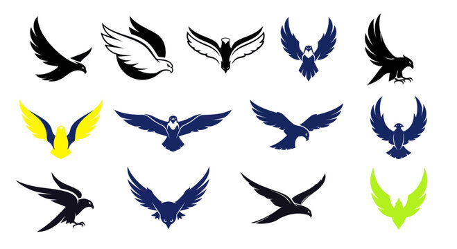 Collection of stylized eagle and falcon logos, vector graphics