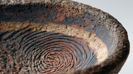 Naklejka premium Detailed concentric spiral design inside rough earthen bowl texture