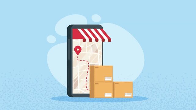 Online shopping and delivery service concept with smartphone, map, store awning, location pin, and tracking route showing boxes arrival.