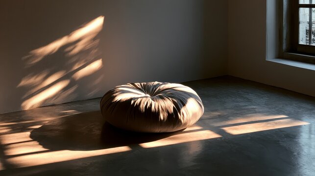 Shadowy natural light illuminating round pouf cushion in minimal interior room