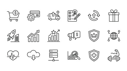 Fototapeta premium Lifestyle and business technology icon set featuring health wellness productivity cloud computing security e-commerce and professional digital services for modern web and mobile application design
