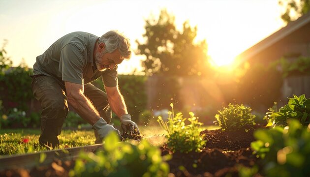 Harmony in the Garden: A senior man, tending to his thriving garden under the warmth of the sun, creating a picture of serene lifestyle.