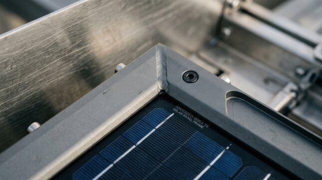 Close-up of an anodized 6063 T6 aluminum solar panel frame with a welded corner, industrial hex bolt, and visible blue photovoltaic cells under glass in a mounting system.