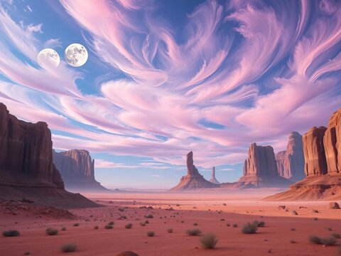 Surreal desert landscape with towering rock formations and a sky filled with swirling, iridescent clouds and twin moons,  desert,  dramatic