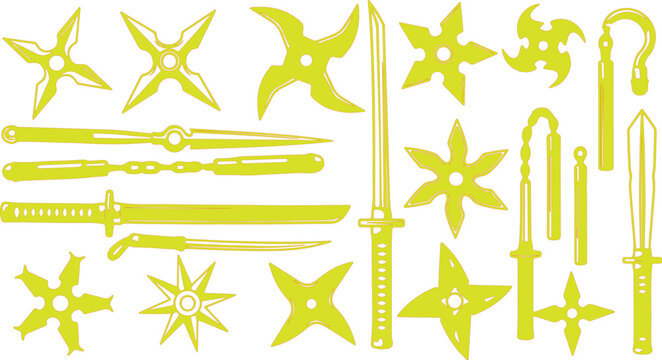 Katana sword and nunchucks set displays yellow silhouettes of various traditional Japanese martial arts weapons on a white backdrop.