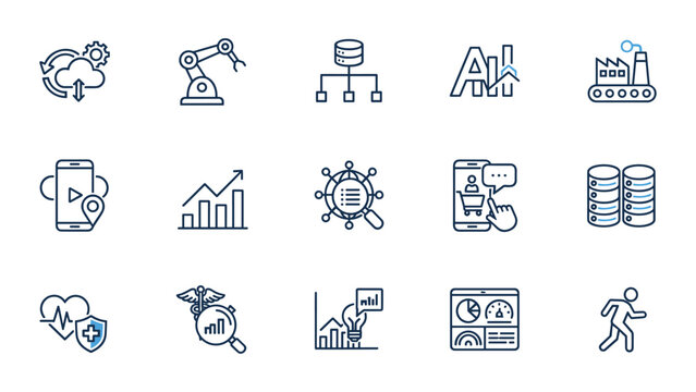 Minimalist black and white business and fitness icon set featuring growth charts search magnifying glass pie chart megaphone target heart rate shield dumbbell apple running person code gear cloud