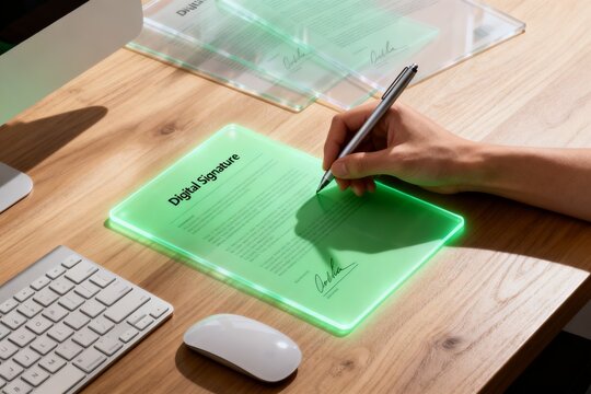 Person signing document on glowing green pad