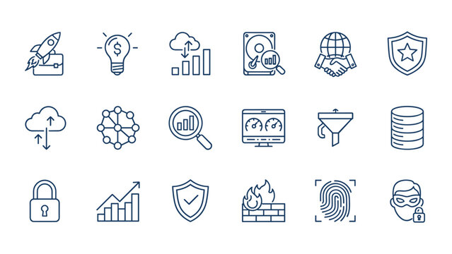 Professional business and financial management line icon set featuring charts pie graphs magnifying glass security shield and currency exchange symbols for modern corporate website dashboard design