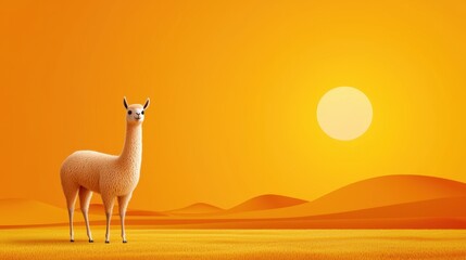 Naklejka premium Charming Llama in Vibrant Desert Landscape at Sunset with Golden Light and Warm Color Palette