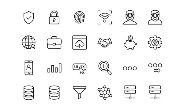 Professional collection of business and technology line icons featuring industrial robots and financial growth charts for corporate branding and digital interface design assets