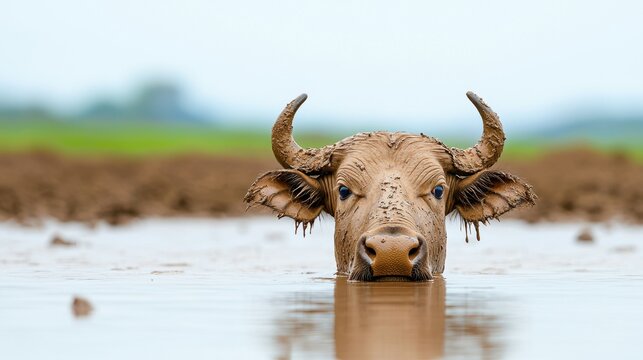Water Buffalo in Shallow Water with Muddy Surroundings, Serene Landscape and Minimalistic Background