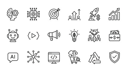 Fototapeta premium Business analytics and marketing performance icon collection featuring growth charts and digital strategy symbols for corporate dashboard design and web performance monitoring in clean vector style