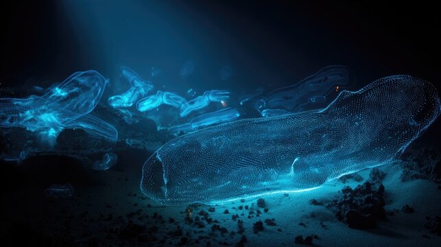 Surreal underwater scene with eerie blue-lit bacteria shapes, representing hidden dangers.