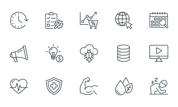 Set of fifteen minimalist thin line icons for business productivity and health featuring time management analytics cloud diagnostics and wellness symbols for modern app and web interface designs